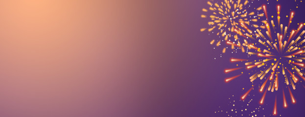 abstract show group of explod fireworks bright light vibrant colorful and fall fire glitter confetti on purple and orange background for happy new year 2020 ,diwali,labor day and independence's day 