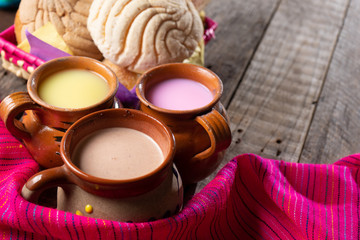Mexican corn beverage called "atole" on wooden background - Powered by Adobe