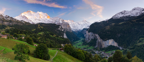 Panorama of Lauterbrunnen Valley and Staubbach Fall, Switzerland - 308517216