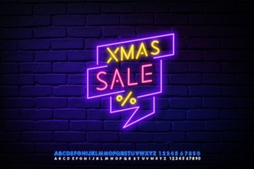 Fototapeta na wymiar Neon sign christmas sale. Neon sign in the snow light banner design element colorful modern design trend, night bright advertising, bright sign. Vector illustration
