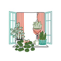 Illustration of house plants and flowers in pots in open window isolated on white background. House plants in pots on windowsill.