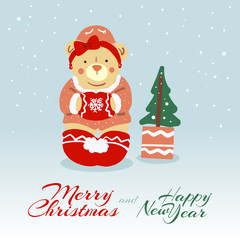 Cute Female Bear wishing Merry Christmas and Happy New Year. Cartoon Character with Christmas Tree. Christmas Concept Illustration for Greeting Cards or Festive Banner