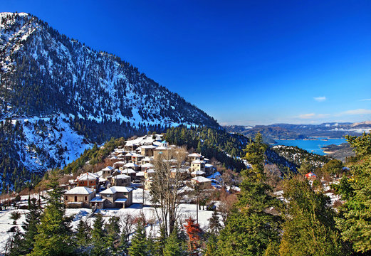 EVRYTANIA, CENTRAL GREECE. Picturesque Fidakia village. In the background Kremaston (or "Kremasta") lake 