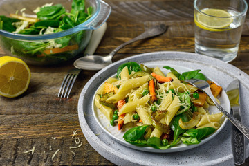Penne pasta with vegetables.