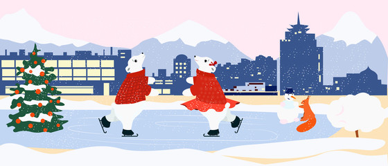Two bears dancing on the ice at the rink