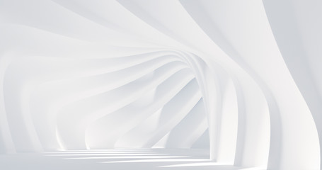 Abstract architectural parametric interior design. White Futuristic Interior Background. Minimal Building Construction. 3D Rendering.