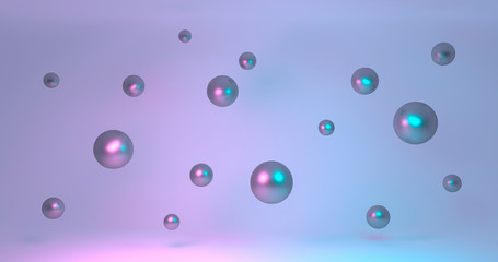 Falling new year balls on studio background. 3d rendering. Christmas pink blue  concept design