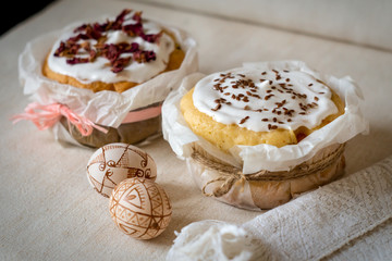 Traditional easter cakes and decorated easter eggs