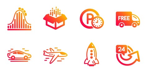 Roller coaster, Airplane and Open box line icons set. Car, Free delivery and Parking time signs. Rocket, 24 hours symbols. Attraction park, Plane. Transportation set. Vector