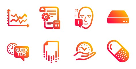 Mini pc, Recovery file and Quick tips line icons set. Diagram chart, Safe time and Face attention signs. Settings blueprint, Capsule pill symbols. Computer, Backup document. Science set. Vector