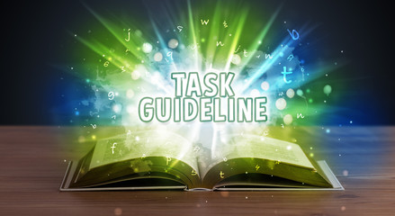 TASK GUIDELINE inscription coming out from an open book, educational concept