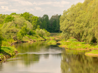 summer landscape with river, green trees on shore and clouds, beautiful glare