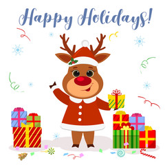 Merry Christmas and Happy New Year 2020 Greeting Card. Cute reindeer in a Santa costume holds a box with a gift on a background of snowflakes and serpentine. Cartoon style Vector