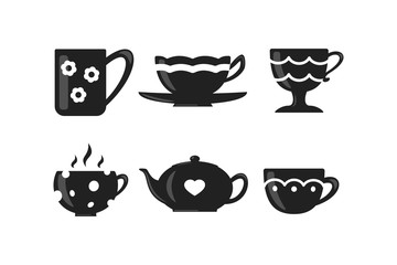 Coffee and tea cup set. Teatime mug vector icons in cartoon style.
