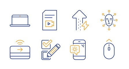 Checkbox, Contactless payment and Energy growing line icons set. Face biometrics, Weather phone and Laptop signs. Video file, Swipe up symbols. Survey choice, Financial payment. Vector