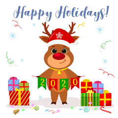 Merry Christmas and Happy New Year Greeting Card. Cute reindeer in a Santa hat holds flags 2020 against the background of snowflakes and serpentine, boxes with gifts. Cartoon style, Vector