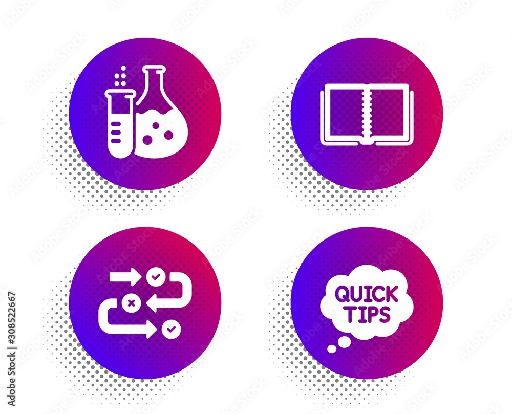 Poster chemistry flask, book and survey progress icons simple set. halftone dots button. quick tips sign. l