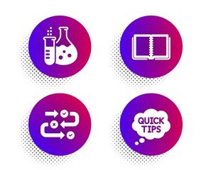 Chemistry flask, Book and Survey progress icons simple set. Halftone dots button. Quick tips sign. Laboratory, E-learning course, Algorithm. Helpful tricks. Education set. Vector