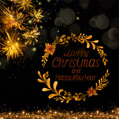 Merry Christmas and New Year background with abstract golden fireworks.