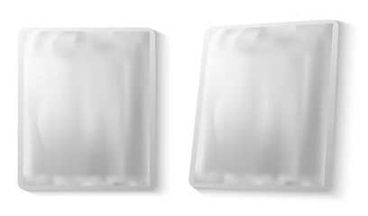 Foil packaging. Facial mask sachet. Wet wipe plastic package mockup. Vector pack blank template for collagen napkin. Skin care beauty brand packet. woman Cosmetic product wrap