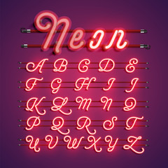 Fototapeta na wymiar Purple/red coloured neon character set, vector illustration