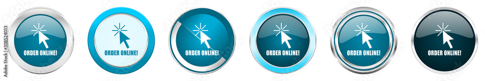 Poster order online silver metallic chrome border icons in 6 options, set of web blue round buttons isolate
