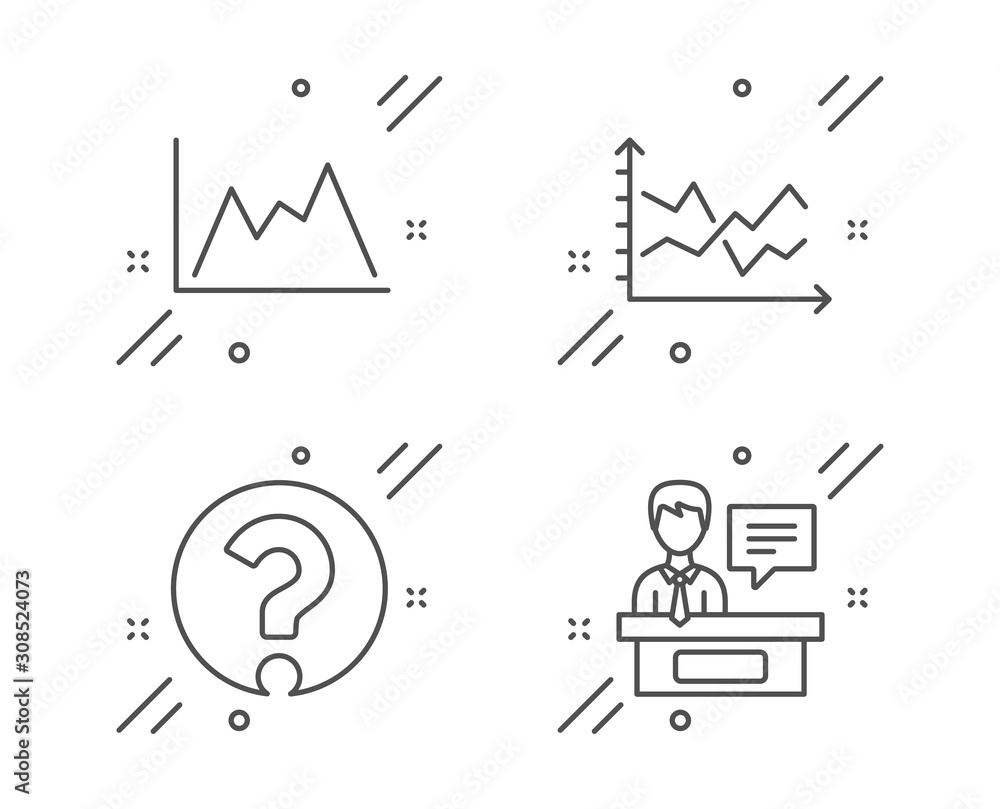 Poster question mark, diagram and diagram chart line icons set. exhibitors sign. ask support, growth graph,