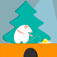 The white rat came out of the mink to hunt for a piece of cheese under the christmas tree