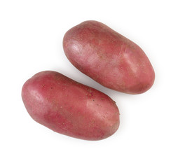 Pair of young red raw potato isolated on white background, top view.