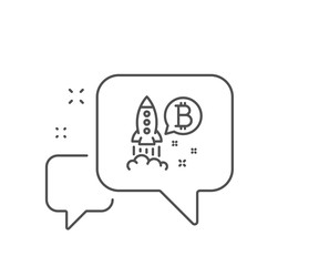 Fototapeta premium Bitcoin line icon. Chat bubble design. Cryptocurrency startup sign. Crypto rocket symbol. Outline concept. Thin line bitcoin project icon. Vector