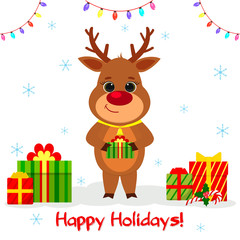 Postcard Merry Christmas and Happy New Year 2020. Cute reindeer with a bell on his neck holds a gift on a background of snowflakes, a garland and a box with gifts. Cartoon style, Vector