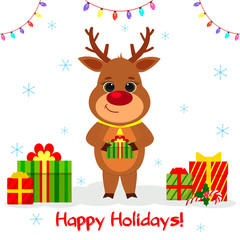 Fototapeta premium Postcard Merry Christmas and Happy New Year 2020. Cute reindeer with a bell on his neck holds a gift on a background of snowflakes, a garland and a box with gifts. Cartoon style, Vector