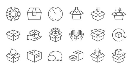 Box line icons. Package, delivery boxes, cargo box. Cargo distribution, export boxes, return parcel icons. Shipment of goods, open package. Linear set. Quality line set. Vector