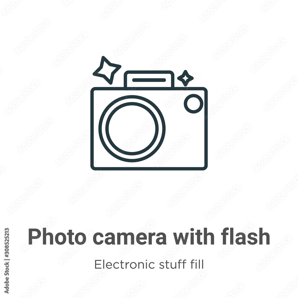 Poster photo camera with flash outline vector icon. thin line black photo camera with flash icon, flat vect
