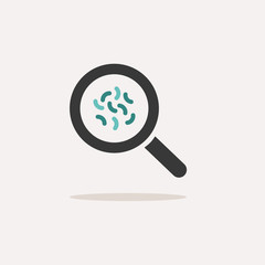Magnifying glass with germs. Icon with shadow on a beige background. Pharmacy vector illustration