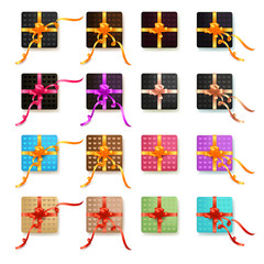 Vector set of realistic colorful gift boxes with bows and ribbons. Collection of gift presents with heart pattern view top.
