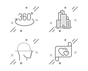 Skyscraper buildings, Face scanning and Full rotation line icons set. Love letter sign. Town architecture, Faces detection, 360 degree. Heart. Line skyscraper buildings outline icon. Vector