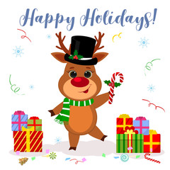 Merry Christmas and Happy New Year 2020 greeting card. Cute reindeer in a hat and a scarf, holds a lollipop on the background of snowflakes and serpentine, boxes with gifts. Cartoon style, Vector