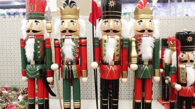 nutcracker toy several pieces stand in a row close-up