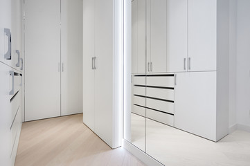 wardrobe with white matte facades and mirror in the dressing room