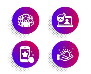 Star rating, Online chemistry and Women group icons simple set. Halftone dots button. Sunny weather sign. Phone feedback, Lab flask, Lady service. Hold sun. People set. Vector