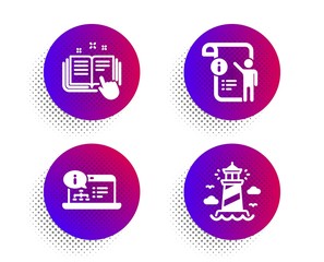 Manual doc, Online documentation and Technical documentation icons simple set. Halftone dots button. Lighthouse sign. Project info, Web engineering, Manual. Beacon tower. Industrial set. Vector