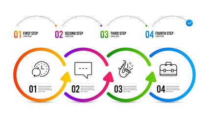 Portfolio sign. Infographics timeline. Jazz, Blog and Update time line icons set. Saxophone, Chat message, Refresh clock. Business case. Education set. Jazz icon. Timeline diagram. Vector