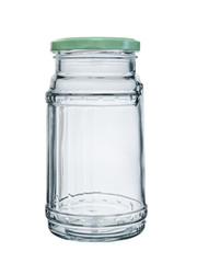 An empty glass jar with a metal lid. Isolated on white background