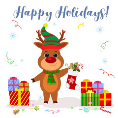 Merry Christmas and Happy New Year postcard 2020. Cute reindeer in an elf hat and scarf holding a sock with gifts on a background of snowflakes and serpentine. Cartoon Style, Vector