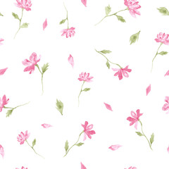 Obraz na płótnie Canvas Pink little flowers blossom watercolor painting - hand drawn seamless pattern on white background