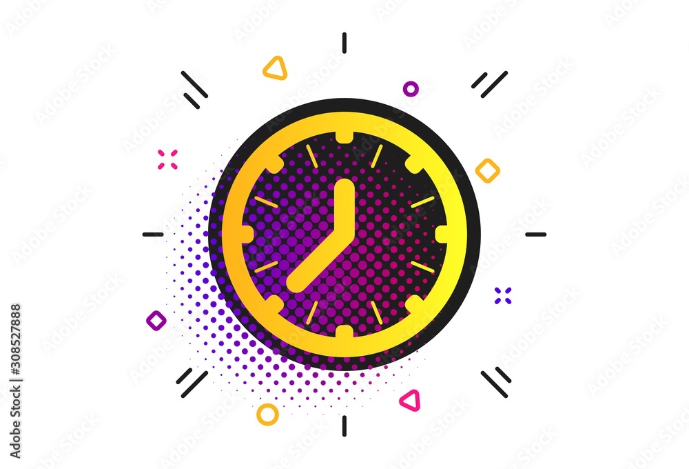 Poster clock time sign icon. halftone dots pattern. mechanical watch symbol. classic flat clock icon. vecto