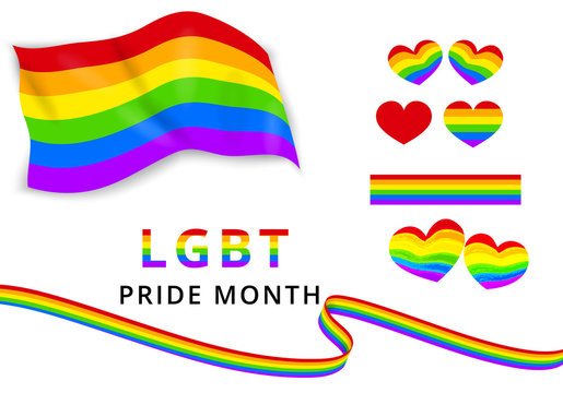 LGBTQ pride month vector set of elements in rainbow colors like: heart, pride flag, rainbow ribbons, text. LGBT lesbian, gay, bisexual and transgender symbols. Banner or poster template. Clip art