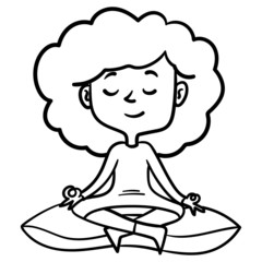 comic drawing of a woman sitting cross-legged on a pillow and meditating. outline, vector, illustration.