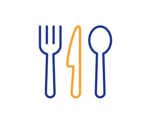 Cutlery sign. Food line icon. Fork, knife, spoon symbol. Colorful outline concept. Blue and orange thin line food icon. Vector
